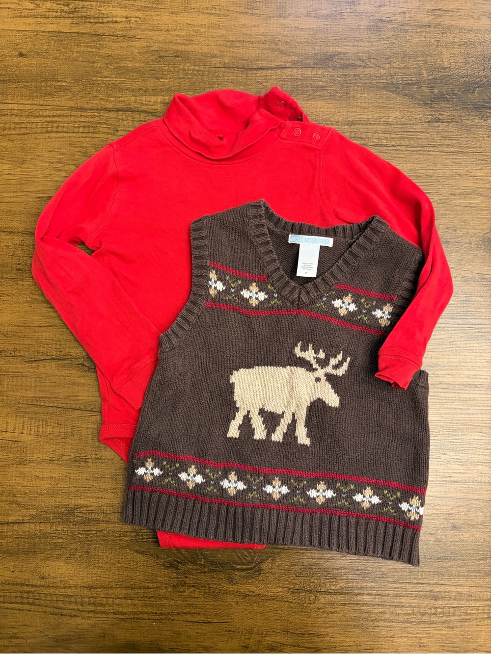 Janie & Jack Brown Moose Sweater Vest with Carter’s Red Turtleneck